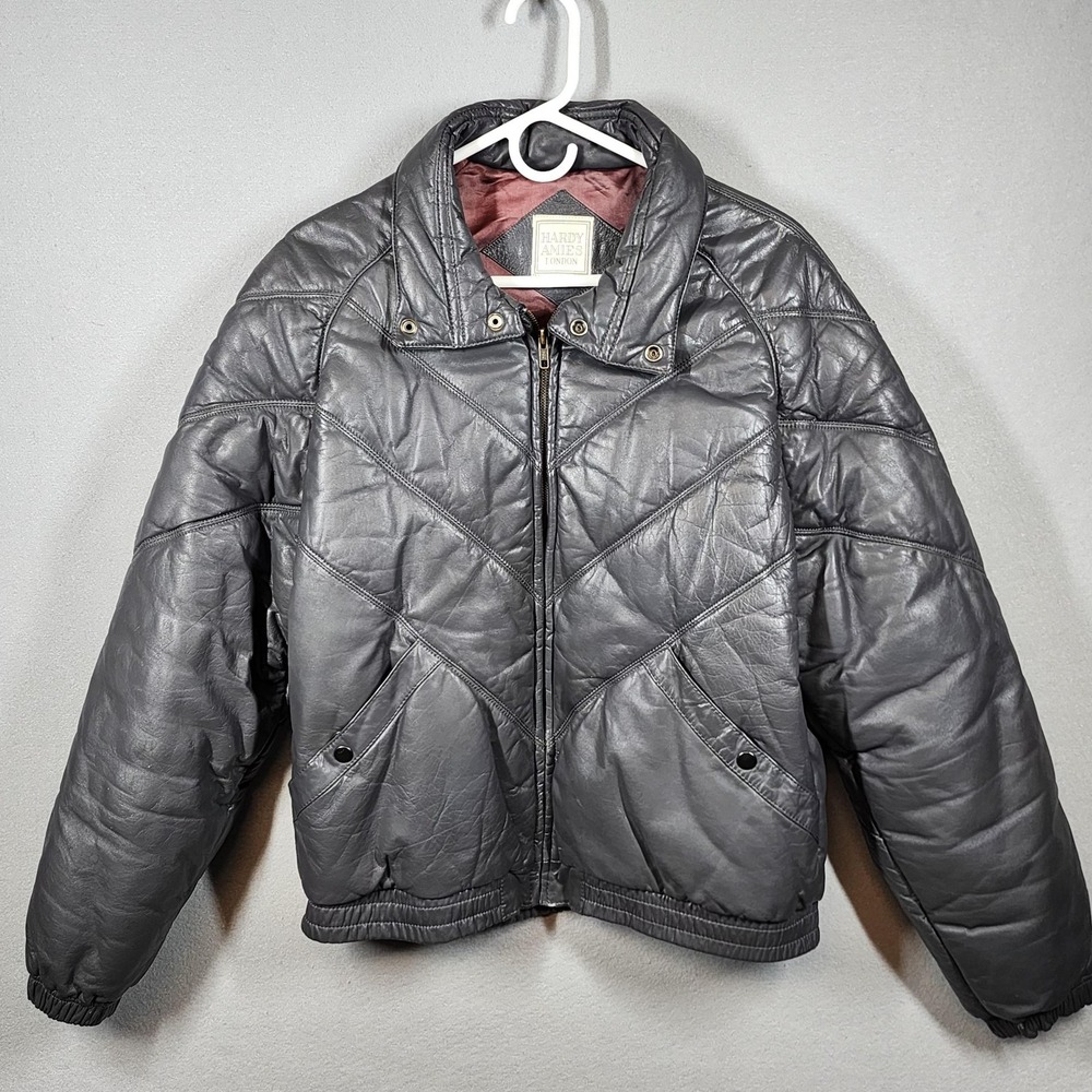 Rare Vintage Hardy Amies Jacket Mens Large Gray Leather Quilted Bomber‎ 90s